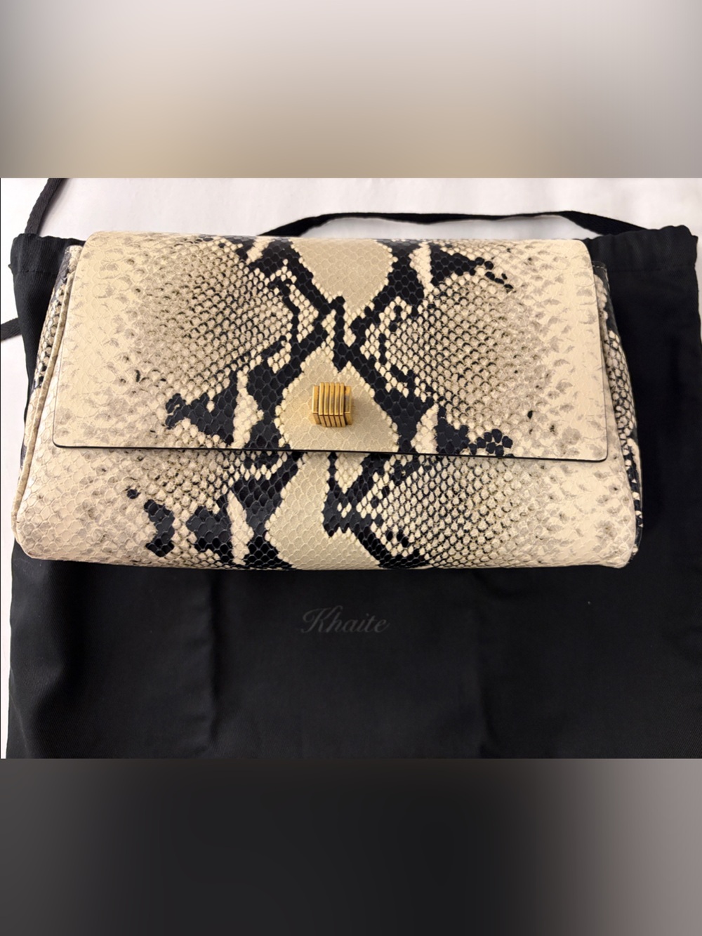 KHAITE Cream & Black Python-Print Leather Clutch with Gold Hardware